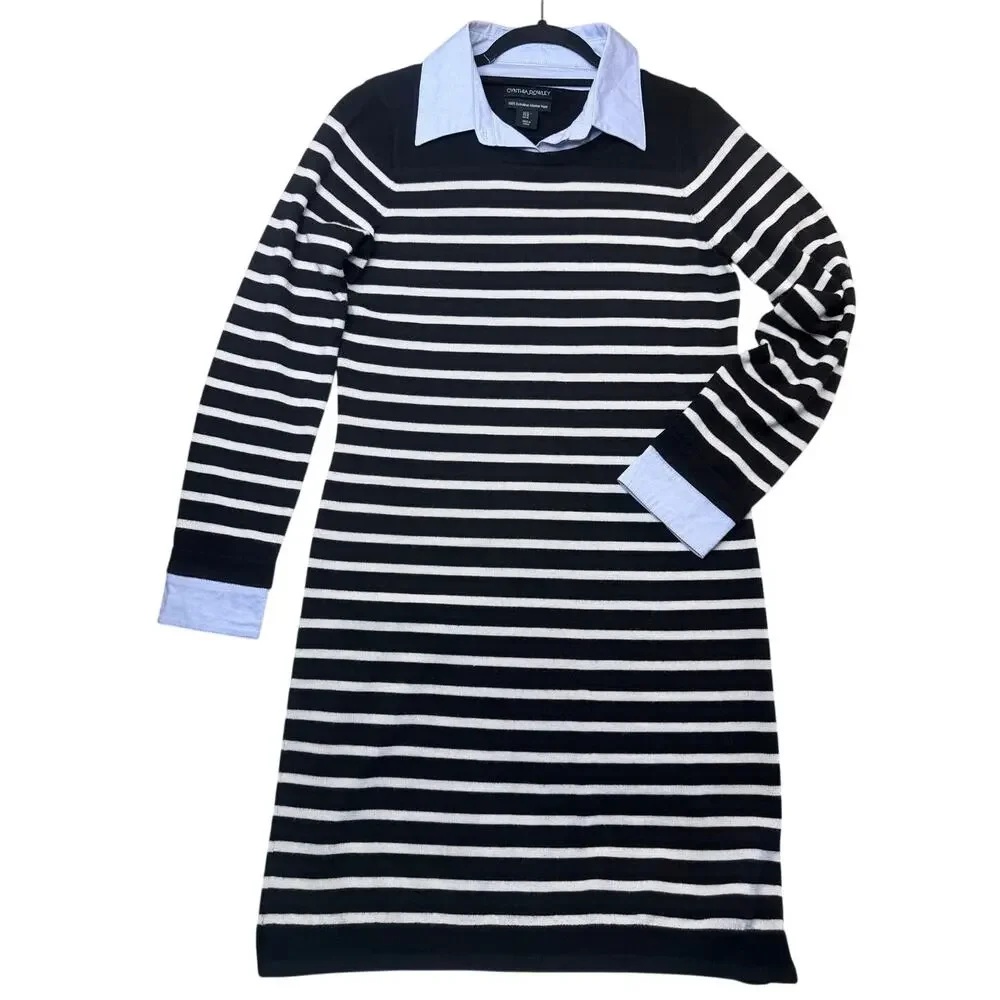 Cynthia Rowley 100% Extra Fine Merino Wool Sweater Dress Sz M Preppy Academia